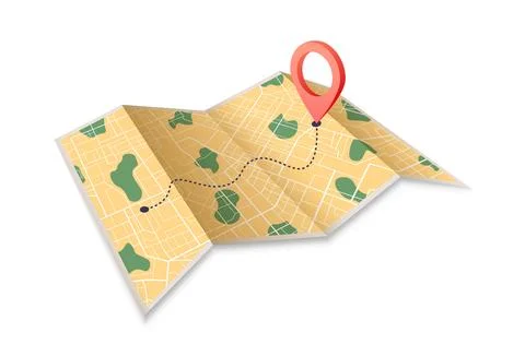 Paper map with red point. Local street gps navigate. City route navigation to Stock Illustration