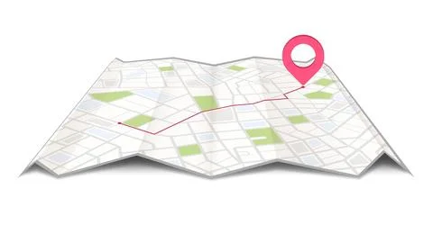 Paper map with red point. Local street gps navigate. City route navigation to Stock Illustration