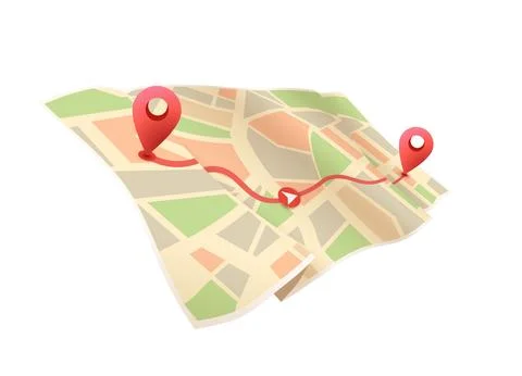 Paper map with red point. Local street gps navigate. City route navigation to Stock Illustration