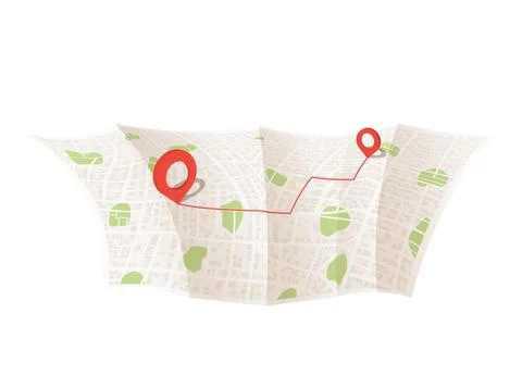 Paper map with red point. Local street gps navigate. City route navigation to Stock Illustration