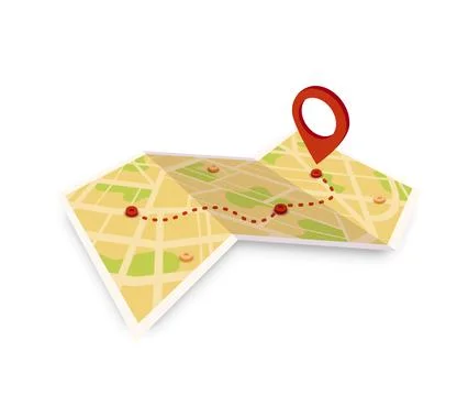 Paper map with red point. Local street gps navigate. City route navigation to Stock Illustration