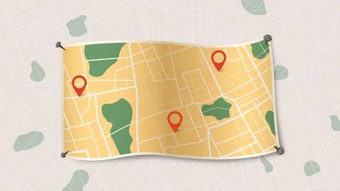 Paper map with red points. Local street gps navigation. Abstract navigation plan Stock Illustration