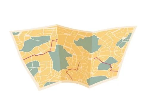 Paper map with red routes. Local street gps navigate. City route navigation Stock Illustration