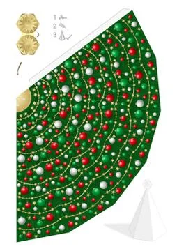 Paper Model Christmas Tree Template Red Green White Balls Stock Illustration