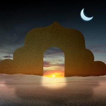 Paper with a mosque dome arch pattern in the middle of the desert with cres.. Stock Photos