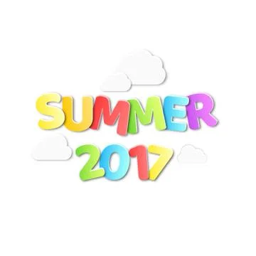 Paper multicolored text with the name summer 2017. Paper clouds on white ba.. Stock Illustration