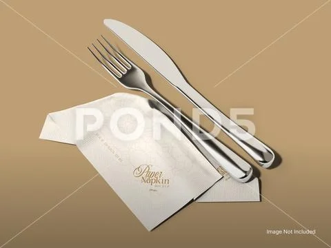 Paper Napkin With Fork and Knife Mockup PSD Template