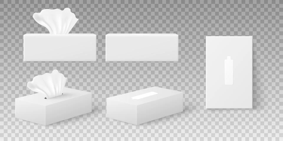 Paper napkins boxes set, opened and closed package, realistic 3d vector illus Stock Illustration