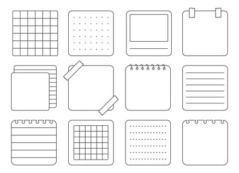 Paper note sticker square notepad black line set Stock Illustration