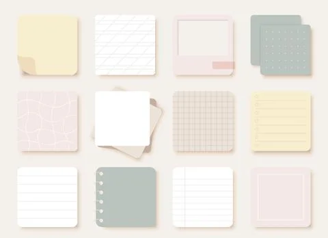 Paper note sticker square notepad pastel flat set Stock Illustration