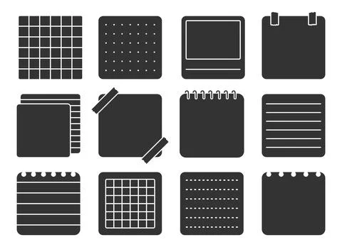 Paper note sticker square notepad black glyph set Stock Illustration
