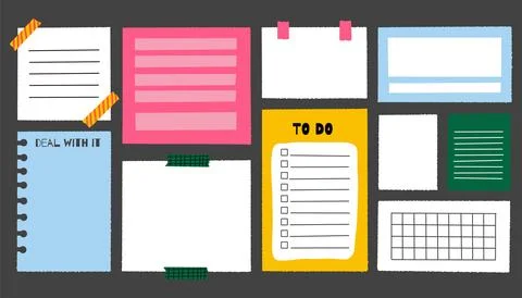 Paper note stickers. Memo notebook cartoon banners. Diary doodle creative list イラスト素材