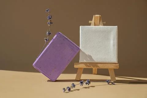 Paper note template mock up copy space Handmade aromatic spa lavender soap Stock Photos