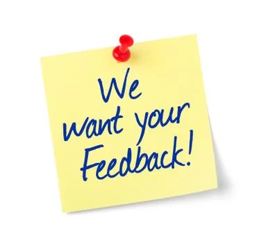 Paper note with text we want your feedback Foto stock