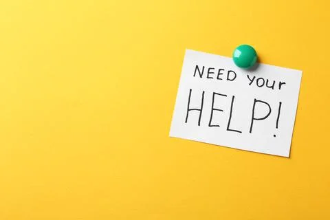 Paper note with words NEED YOUR HELP on color background. Space for text Foto stock