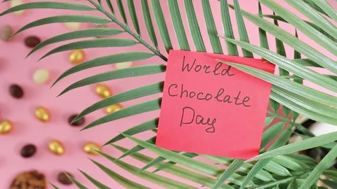 Paper note world chocolate day in palm tree branches. Stock Footage 307970936