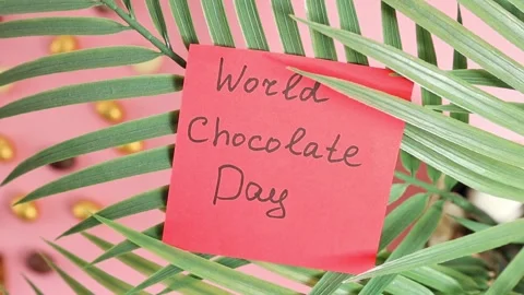 Paper note world chocolate day in palm tree branches. Stock Footage 312687354