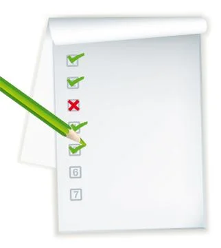 Paper notebook open with ticked and crosses checklist. Illustrazione stock
