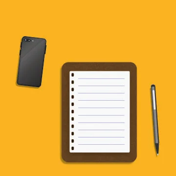 Paper notebook, phone and pen on orange background Stock Illustration