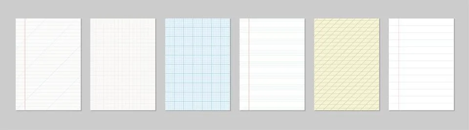 Paper notebook sheets set. Realistic lined, squared graph outline covers, t.. Illustrazione stock