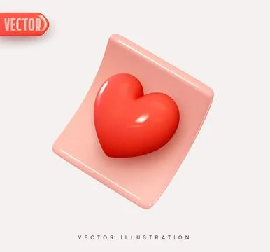 Paper notes. 3d vector icon paper sheet, letter sheet with red heart. Realist Stock Illustration