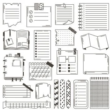 Paper notes doodle set. Sketching diary or planner elements. Journal sheets Illustrazione stock