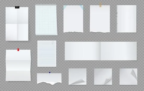 Paper notes. School notice board, memo sticky pad, pin, clip page, notepad list Stock Illustration