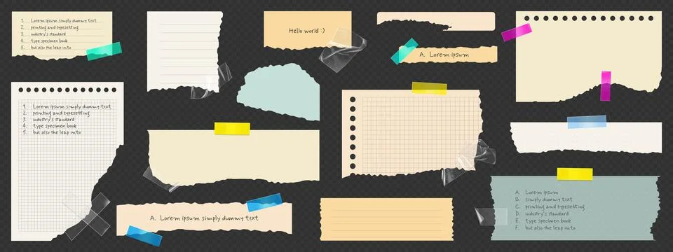 Paper notes set with torn edges and colorful tape Stock Illustration