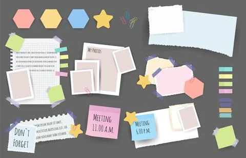 Paper notes stickers. Set of different vector note papers. Blank of multicolor Stock Illustration