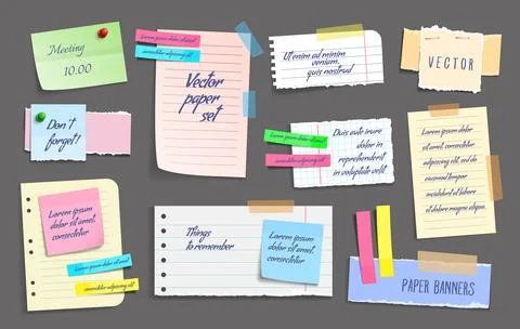 Paper notes, stickers, sticky sheets and tape set Stock Illustration