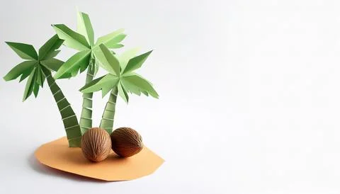 Paper origami concept of a coconut tree - Cocos nucifera - on small island... Stock Photos