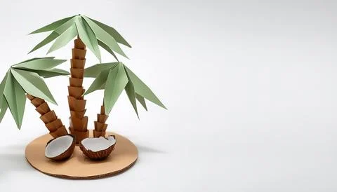 Paper origami concept of a coconut tree - Cocos nucifera - on small island... Stock Photos