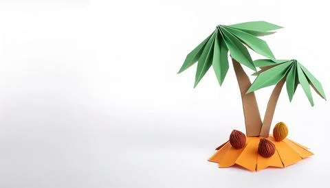 Paper origami concept of a coconut tree - Cocos nucifera - on small island... Stock Photos