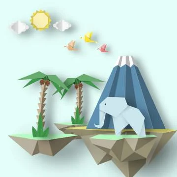 Paper Origami creative scene with soars islands. イラスト素材