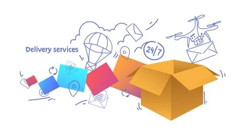 Paper packages box fast delivery services concept sketch doodle horizontal Illustrazione stock