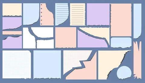 Paper page template set. Isolated torn pieces of paper, checkered notebook .. Illustrazione stock