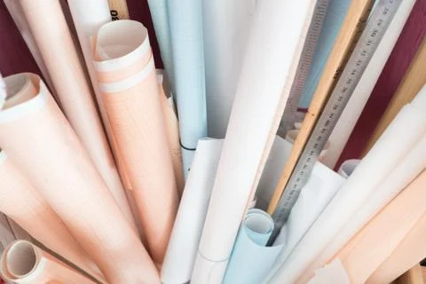 Paper for the pattern. Rolls of colored. Tailor tape. Stock Photos