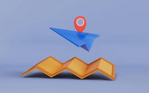 Paper plane and map, around the world trip 3d illustration Stock Illustration