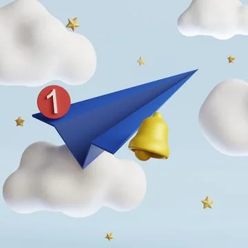 Paper plane with bell notification. Send message concept. 3d render illustr.. Stock Illustration