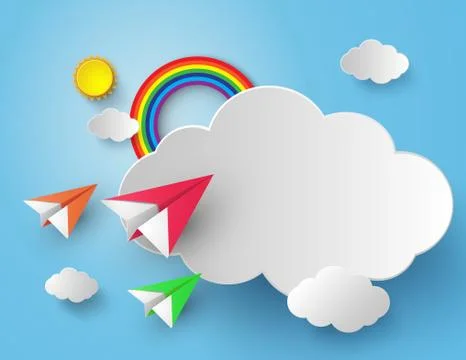 Paper plane on blue sky with rainbow. Stock Illustration