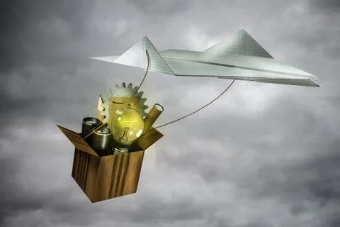 A paper plane carries a box to help create an idea Stock Illustration