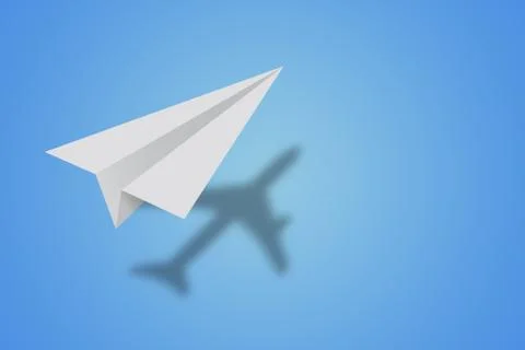 Paper plane casting a shadow of a airplane.Success business concept 3d render Stock Illustration