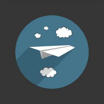 Paper plane with clouds on blue background in flat style. Vector illustration. Illustrazione stock
