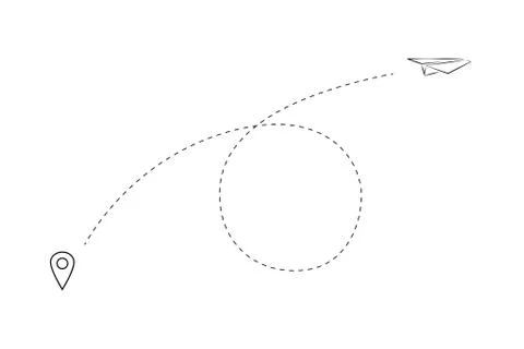 Paper plane drawing with dashed trace line and map pin. Vector illustration. Stock Illustration