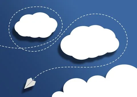 Paper plane finding a way through clouds Illustrazione stock