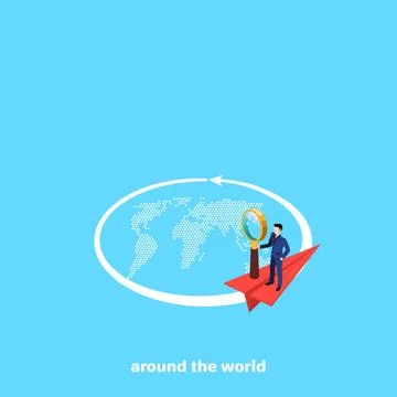 A paper plane flies in its trajectory around the globe, an isometric image Stock Illustration