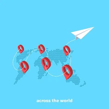 A paper plane flies over a map of the earth, an isomeric image Ilustração Stock