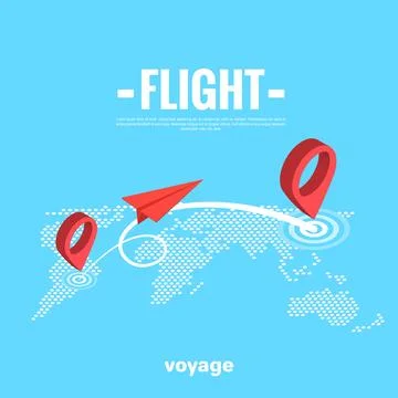 A paper plane flies over a map of the earth, an isomeric image Ilustração Stock