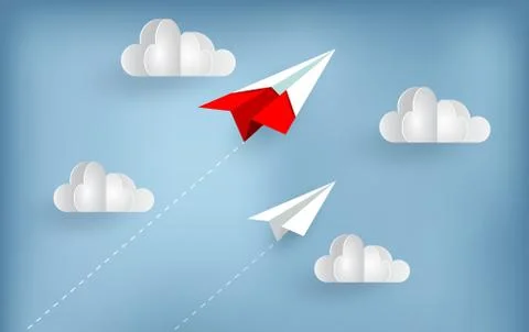 Paper plane fly up to sky while flying above a cloud. creative idea. illustra Stock Illustration