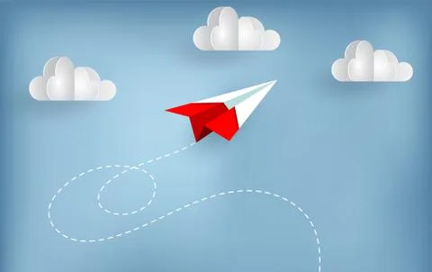 Paper plane fly up to sky while flying above a cloud. creative idea. illustra Stock Illustration